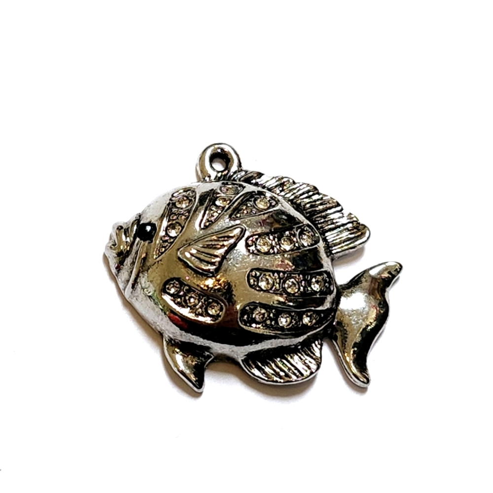 Tropical Fish Pendant Charm Pendant Silver Tone w/ Rhinestone